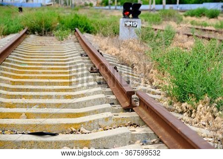 Railroad Rails In Russia. Concrete Sleepers.\nbackground Image For Web Design.
