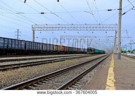 Astrakhan, Russia, 05/23/2020. Railroad Rails In Russia. Concrete Sleepers.\nbackground Image For We