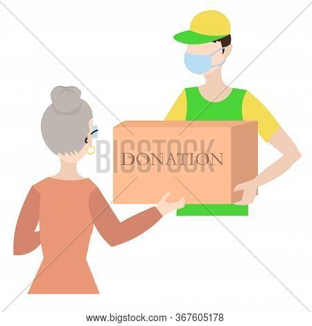 Vector Illustration Of A Transmission Box With The Donations. Assistance To Those In Need In A Diffi