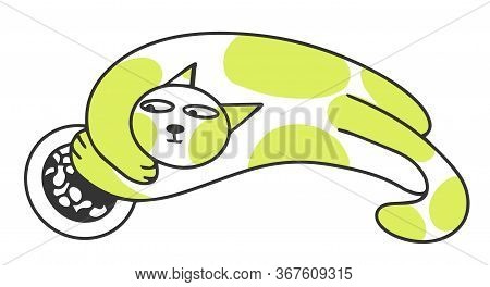 Funny Greedy Cat Is Eating Vector Illustration Doodle Style