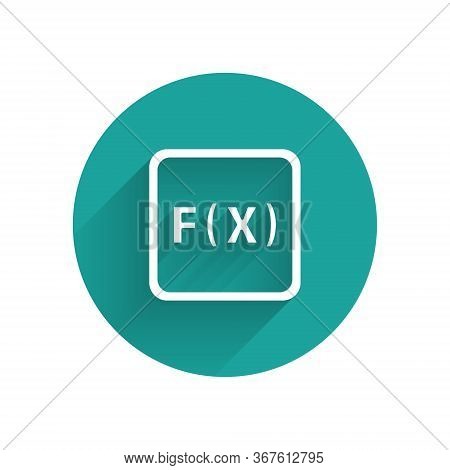 White Function Mathematical Symbol Icon Isolated With Long Shadow. Green Circle Button. Vector