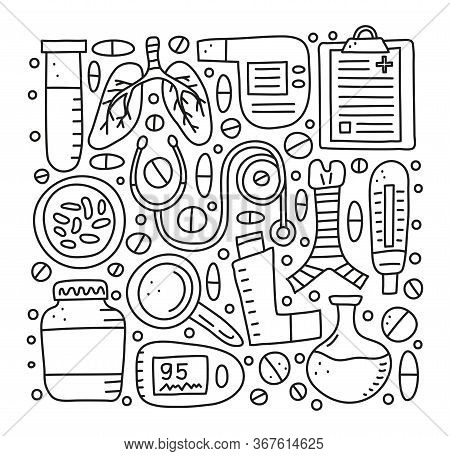 Set Of Doodle Outline Pulmonology Items, Including Lungs, Trachea, Spirometer, Loupe, Bacteria, Puls