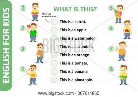 English For Kids Playcard. Nouns And Numbers Game-card With Text And Cartoon Character. Word Card Fo