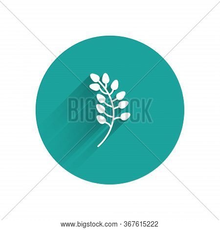 White Willow Leaf Icon Isolated With Long Shadow. Green Circle Button. Vector