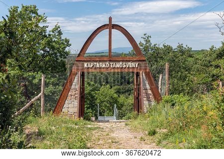 Szomolya , Hungary - July 07, 2019: Start Hiking Trail To Beehive Stones Or Beehive Rocks Near Szomo