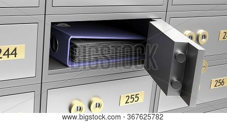 Safe Bank Deposit Box And Business Folder. 3D Illustration