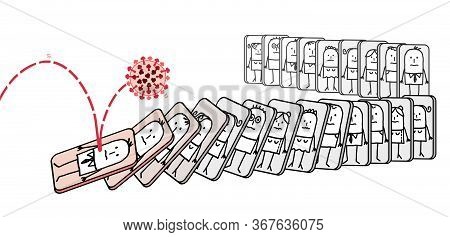 Hand Drawn Cartoon Virus Pushing Down People, Like A Domino Effect