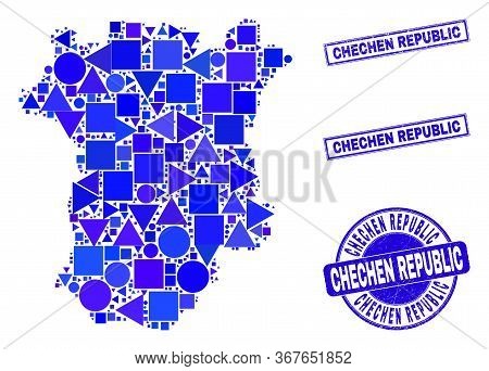 Vector Mosaic Chechen Republic Map. Geographic Collage In Blue Color Shades, And Unclean Round And R