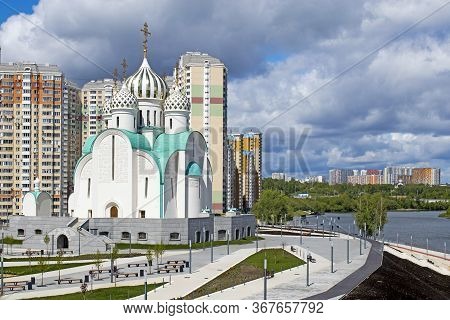 Construction Of Moscow River Embankment And St. Nicholas Church In New Area Of Pavshinsky Floodplain