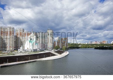 Construction Of Moscow River Embankment And St. Nicholas Church In New Area Of Pavshinsky Floodplain