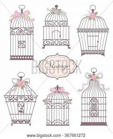 Set With Vintage Bird Cages Decorated With Flowers And Ribbons. Hand Drawn Vector Illustration For G