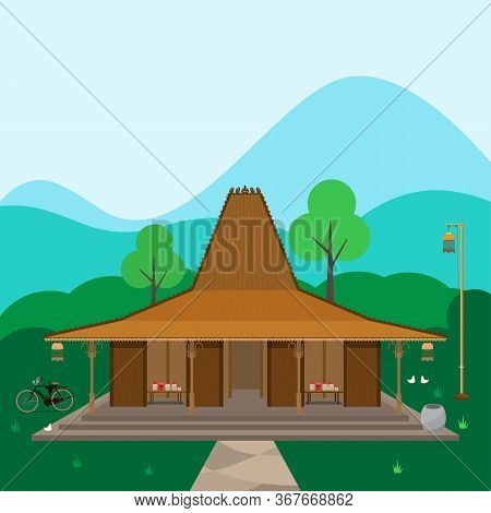 Vector Illustration Of A Traditional House Rumah Joglo From Central Java Indonesia With Bird Cage An