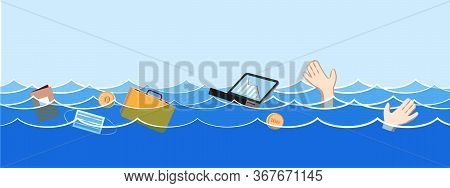 Global Finance Crisis Drowns Unfortunate Manager. Businessman Drowning, Ask To Help, Hopes To Suppor