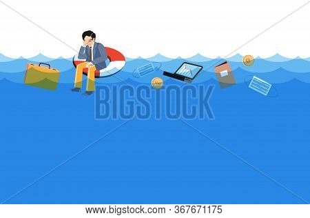 Desperate Businessman Sits On Lifebuoy, Covers Face With Hand. Business Drowning, Ask To Help, Urgen