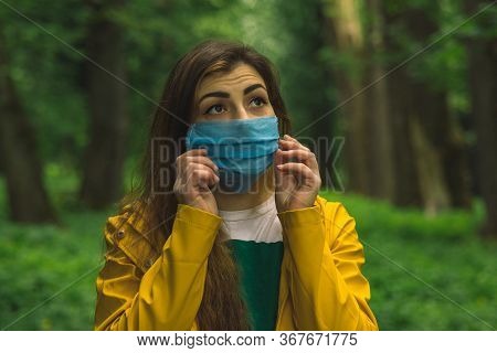 Tender Young Girl Portrait In Face Mask Respiration Tool Restrained Calm Emotion Of Wish To Breathe 