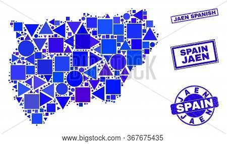 Vector Mosaic Jaen Spanish Province Map. Geographic Collage In Blue Color Tints, And Corroded Round 