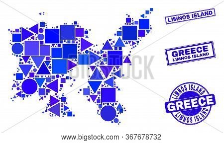 Vector Mosaic Limnos Island Map. Geographic Collage In Blue Color Tinges, And Rubber Round And Recta