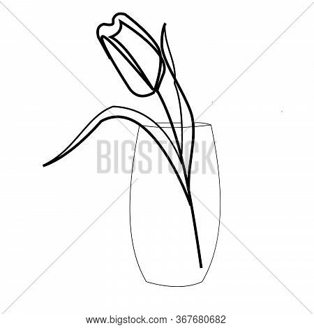 Simple Outline Illustration Tulip In A Glass, Linear Art For Design And Creativity