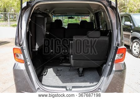 Novosibirsk/ Russia - May 03 2020: Honda Freed, Close-up Of The Open Trunk, Headlight, Bumper,  Fron
