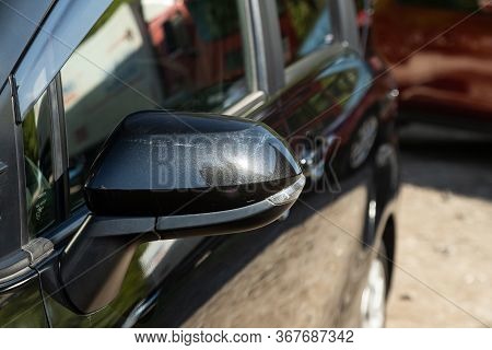 Novosibirsk/ Russia - May 03 2020:  Toyota Sienta, Black Side Mirror Of A Car Close-up. Exterior Det