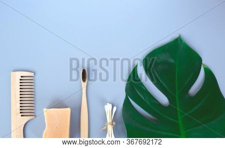 The Concept Of Zero Waste. Bamboo Toothbrush, Solid Shampoo