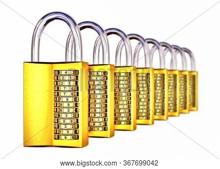 Complex Golden Padlocks In Row With Dof, 3d Illustration