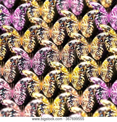 Close-up On Metallic Butterflies, With Depth Of Field, 3d Illustration