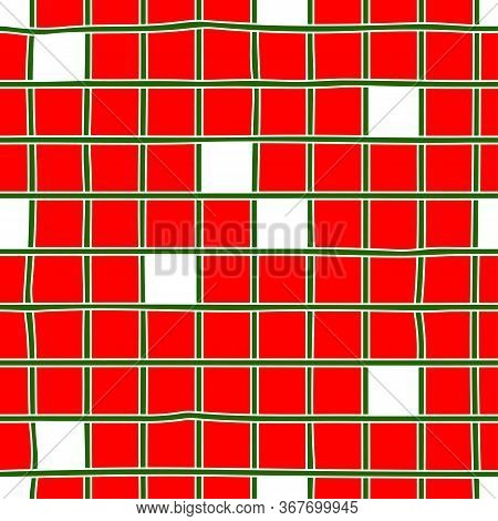 Seamless Festive Checkered Pattern. Red And White Squares With A Green Cell. Hand-drawn Colored Tile