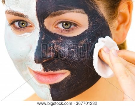 Girl Remove Black White Mud Mask From Face