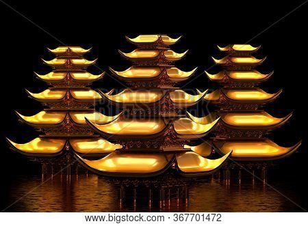 Three Golden Asian Temples With Glossy Reflection, 3d Illustration