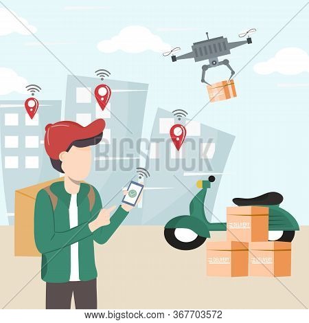 Modern Logistics Transportation And Drone Delivery Service. Young Man Holds The Robotic Control Box