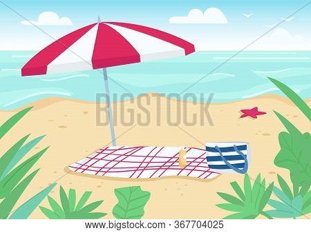 Blanket And Sun Umbrella On Sand Beach Flat Color Vector Illustration. Towel, Bag And Sunscreen Bott