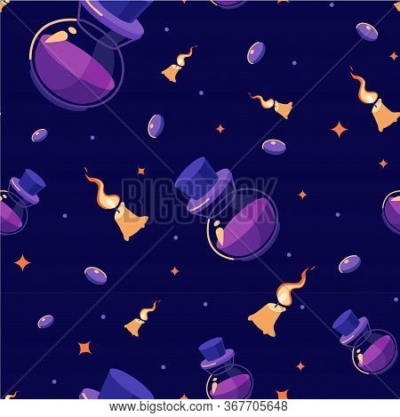 Halloween Seamless Pattern With Magic Flasks, Candles And Gems. Witch Flasks With Candles. Witch Sea