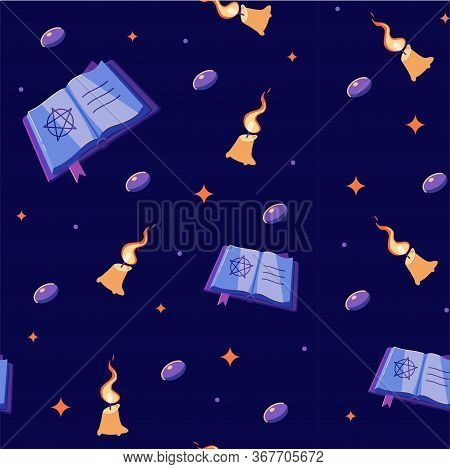 Halloween Seamless Pattern With Books, Candles And Gems. Witch Book With Candles. Witch Seamless Pat