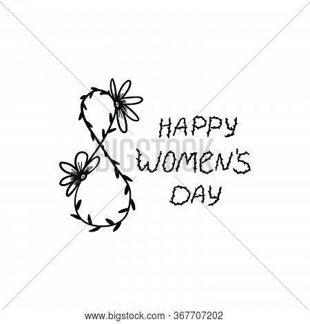 Happy Women's Day Postcard Isolate. Vector Postcard With Black Number 8 On A White Background. Postc