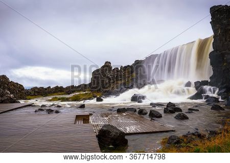 Oxarafoss Waterfall In Iceland. Oxarafoss Also Called Oxararfoss Is Located In The Thingvellir Natio