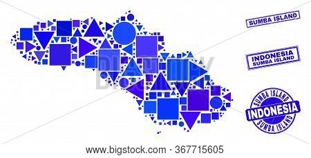 Vector Mosaic Sumba Island Map. Geographic Plan In Blue Color Shades, And Unclean Round And Rectangl