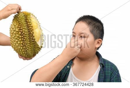 Obese Fat Boy With Expression Of Disgust Against Fresh Durian Isolated On White Background, Durian F
