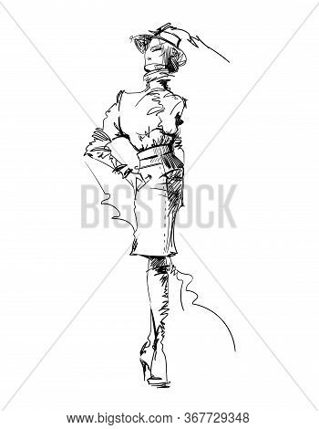 Hand Drawn Young Fashion Woman On Isolated Background. Line Drawing Art Sketch Of Girl Model. Lady I