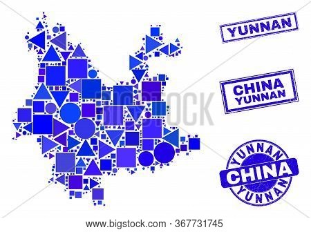 Vector Mosaic Yunnan Province Map. Geographic Scheme In Blue Color Shades, And Rubber Round And Rect