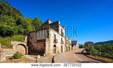 Ruined Buildings Of An Abandoned City. Architecture Of A Ghost Town.