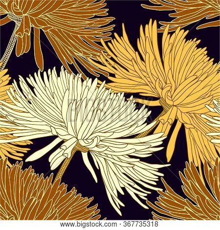 Seamless Pattern With Chrysanthemums In Gold On Black For Decoration Textile And Cloth Or For Wallpa