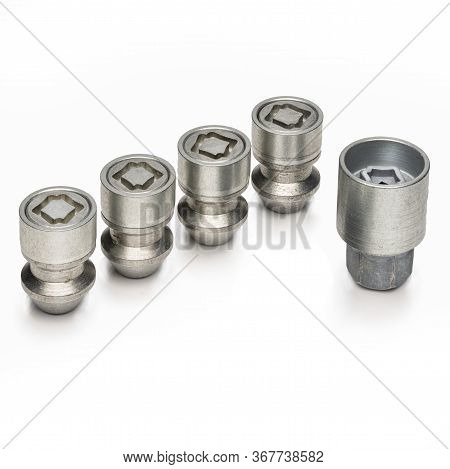 Car Lock Nuts, Wheel Nut That Protect The Wheels From Theft. Close-up Of The Isolate On A White Back
