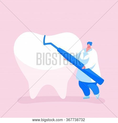 Tiny Dentist Doctor Character Carry Carver Stomatological Instrument Care Of Huge Tooth. Dentistry O