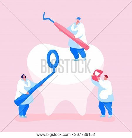 Tiny Dentists Characters Checking Tooth For Caries Hole In Plaque. Doctors Hold Stomatology Mirror, 