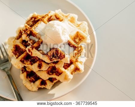 Ricotta Cheese Chaffles For Keto Diet. Stack Of Ricotta And Lemon Belgian Waffles Decorated With Ice