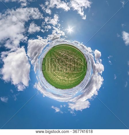 Little Planet Transformation Of Spherical Panorama 360 Degrees. Spherical Abstract Aerial View In Fi