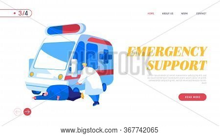 Ambulance Medical Staff Service Occupation Landing Page Template. Medic Character Help Man Patient W