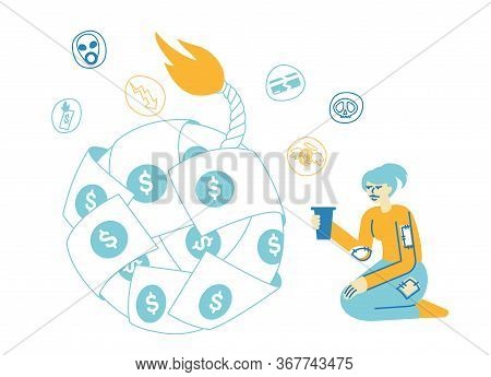 Global Economics Crisis. Female Character Sitting At Huge Bomb Made Of Dollar Bills With Burning Fus