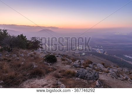 Morning View At Morning Sunrice From Mount Precipice On A Nearby Valley Near Nazareth In Israel